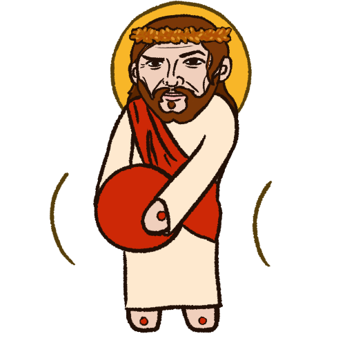 a cartoony drawing of Jesus thrusting into a giant red circle. Jesus is white and has an overly detailed face, traced from the white pharaoh meme, and has one eyebrow up and one down. he has long brown hair, a brown beard, is wearing a crown of thorns, an off-white robe with a red cross-body sash, and has red circles on his hand and feet. there is a yellow circle behind his head like a halo, and a curved line on either side of him indicating motion. 
